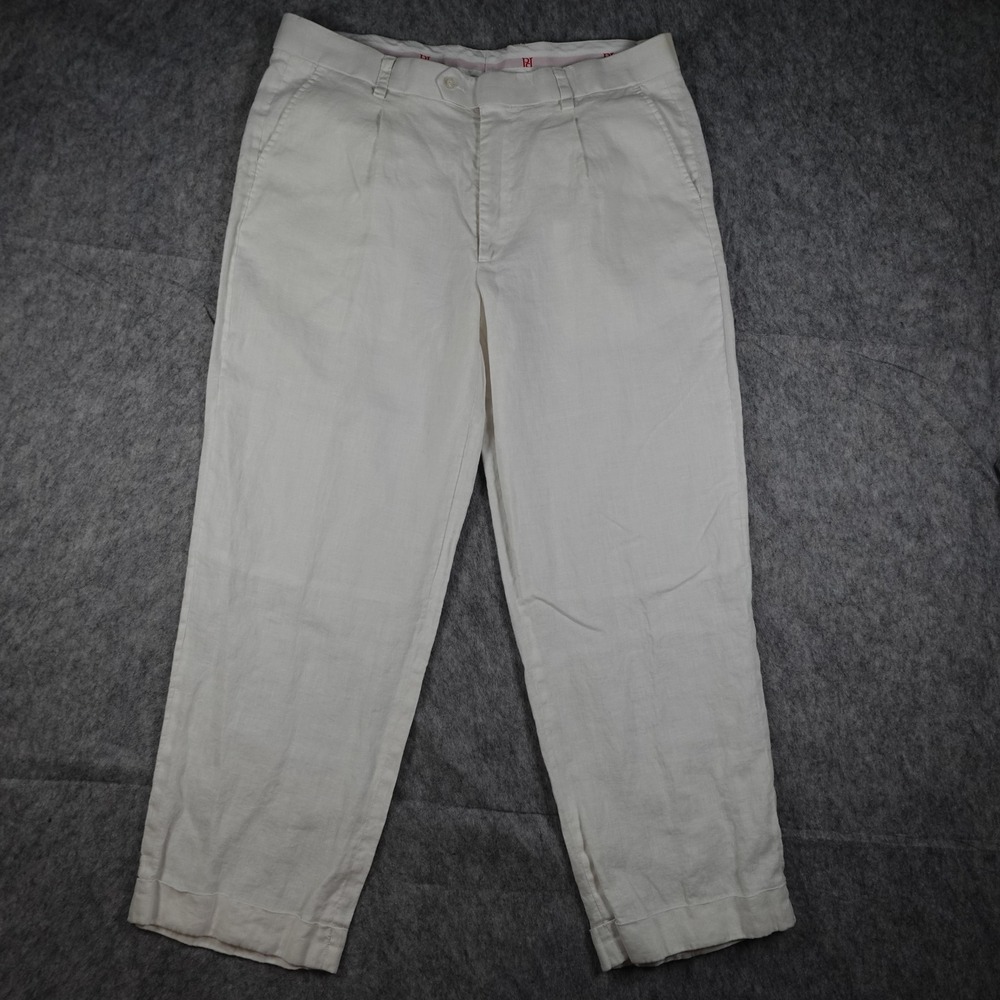 Prestige Pant‎ Mens 38 White Linen Pleated Trousers Preppy Beachy Resortwear